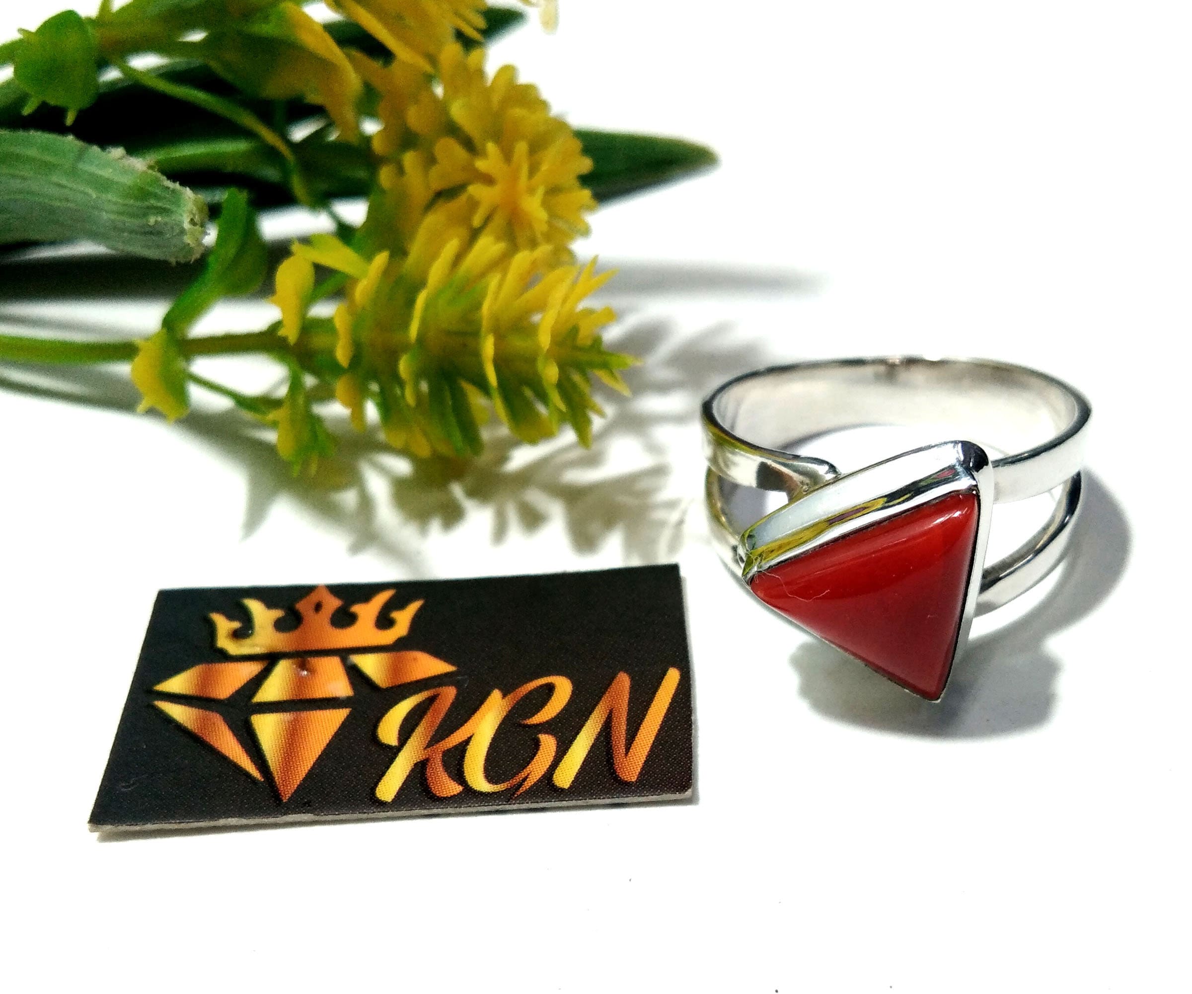 Natural Italian Red Coral Ring, Beautiful Coral Trillion Shape Handmade Ring, 925 Sterling Silver Ring, Wedding & Anniversary Gift Ring